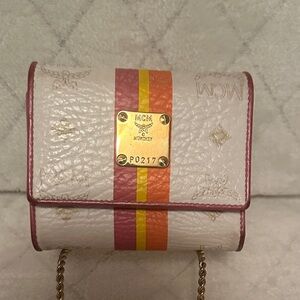 MCM White Leather Trifold Wallet with Pink, Orange & Yellow Stripes